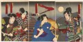 Une scène de Kabuki de trois samouraïs et un voyageur sur un pont Toyohara Chikanobu